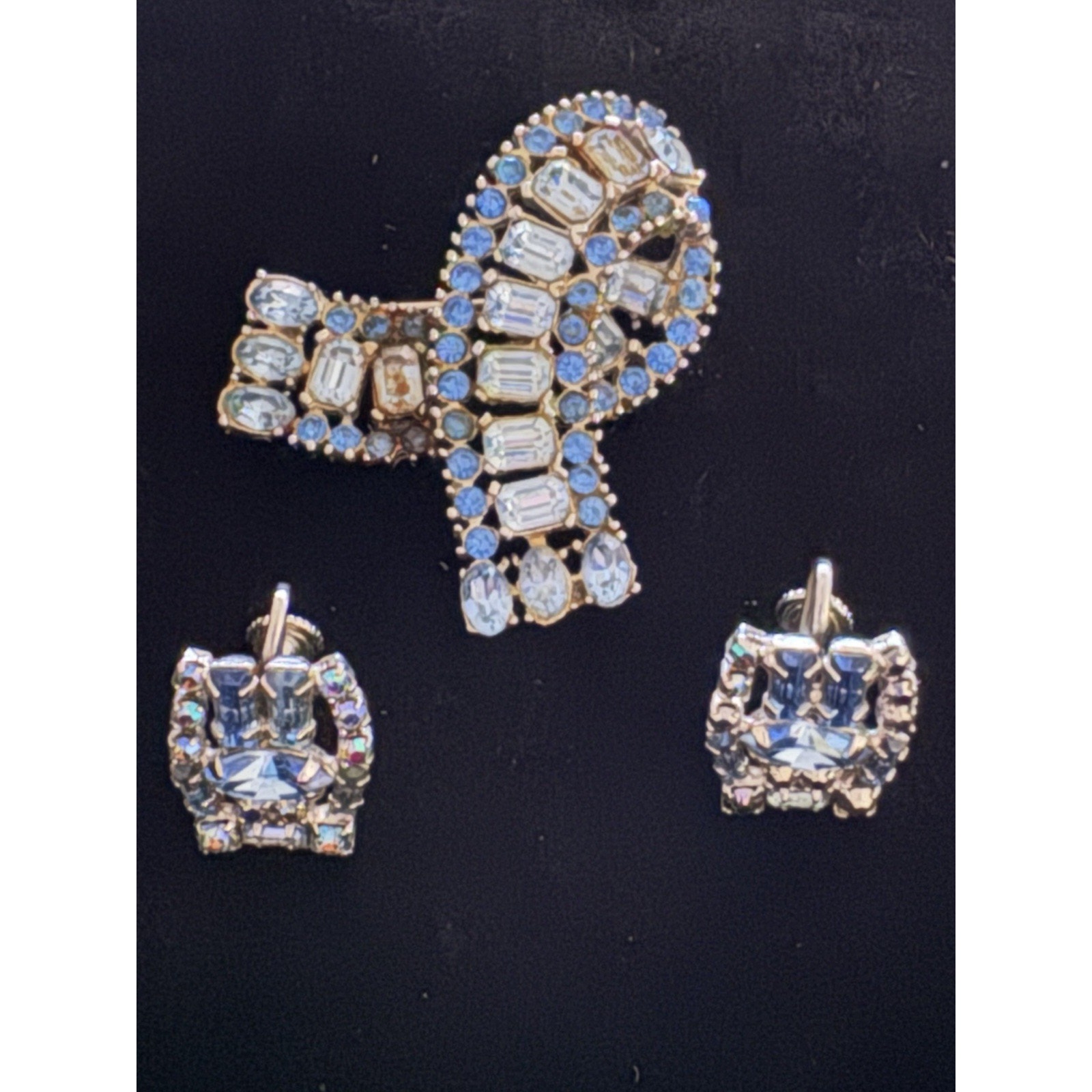 Vtg Weiss Brooch Screwback Earrings Signed Austrian Blue Rhinestones Ribbon 75$